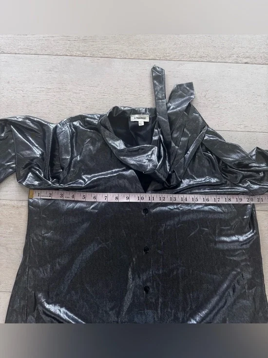 $375 L’Agence- Metallic Silver Longsleeve Gisele Necktie Blouse - Picture 6 of 7